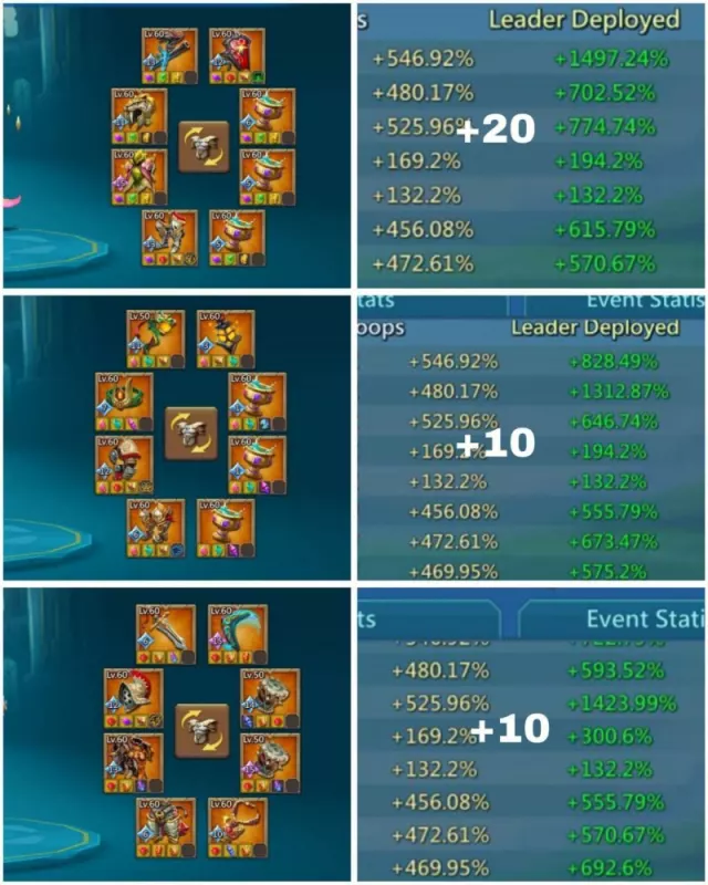 1 Lv.13, 4 Lv.12 Champs, B Stats 546%, 480%, 525% · 3 / 6